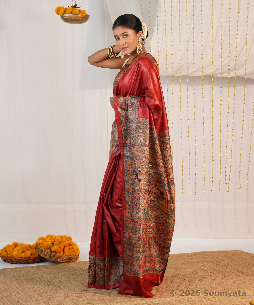 Rust Red Hand Painted Madhubani Tussar Ghicha Silk Saree – Bhagalpuri