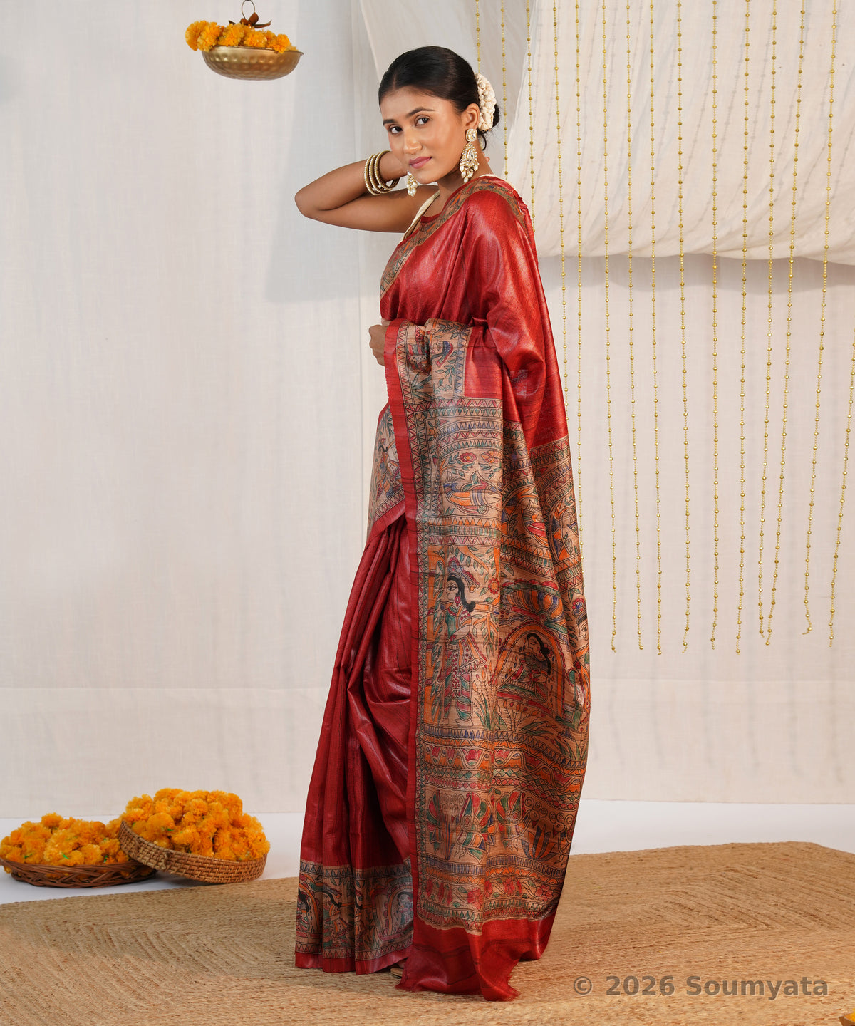 Rust Red Hand Painted Madhubani Tussar Ghicha Silk Saree – Bhagalpuri