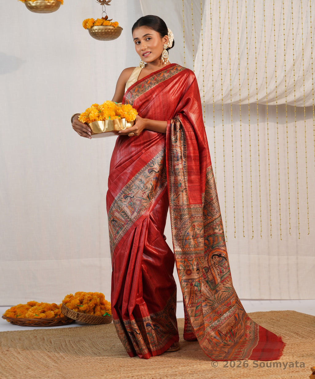 Rust Red Hand Painted Madhubani Tussar Ghicha Silk Saree – Bhagalpuri