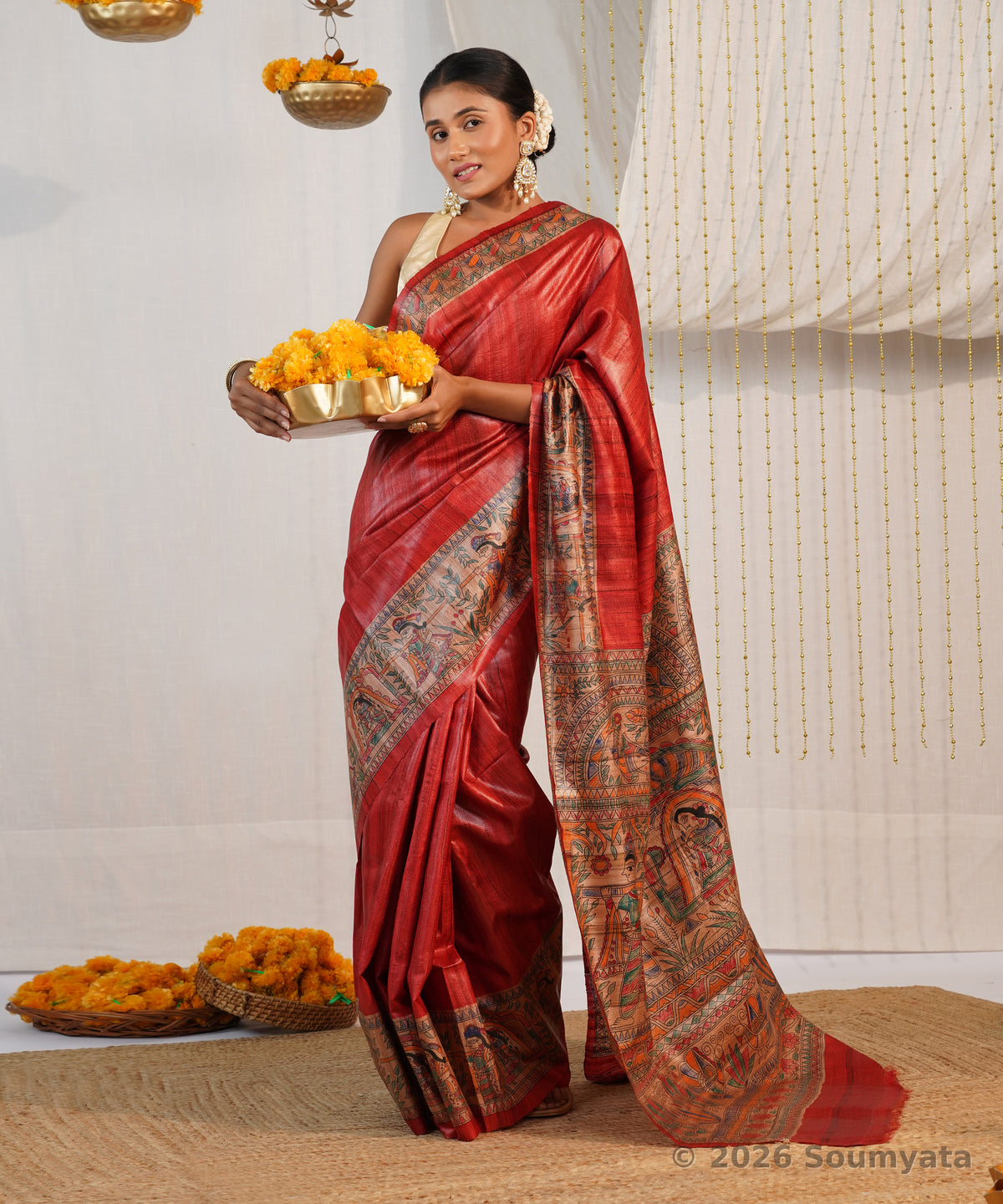 Rust Red Hand Painted Madhubani Tussar Ghicha Silk Saree – Bhagalpuri