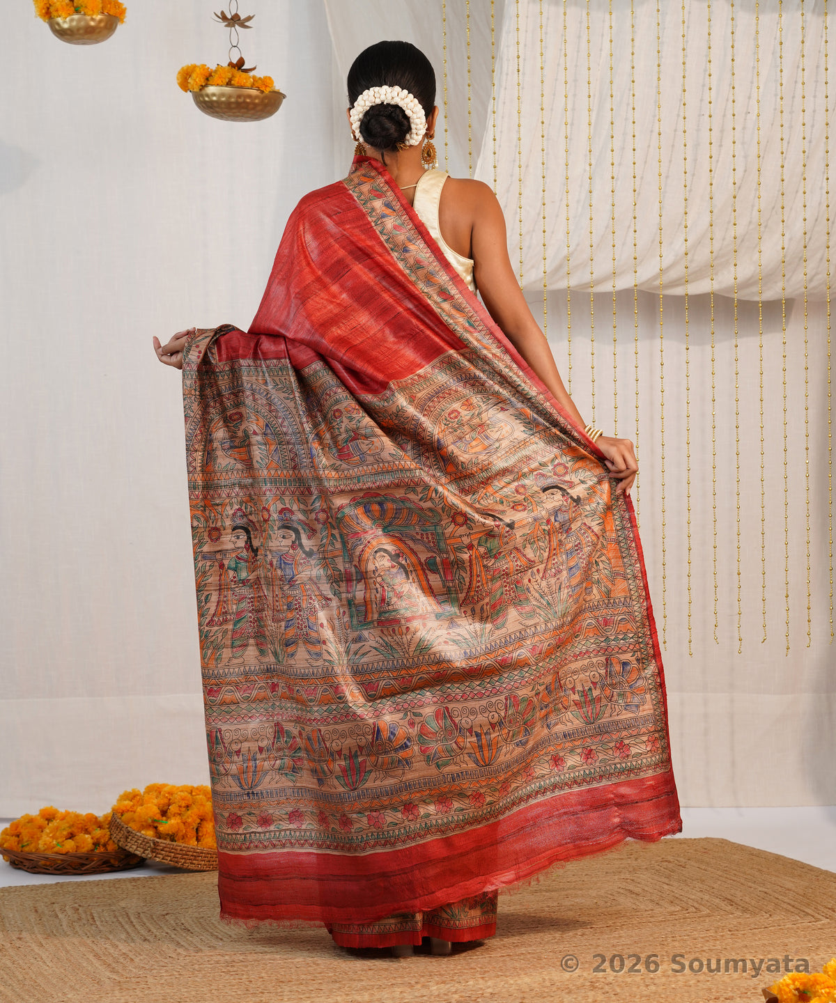 Rust Red Hand Painted Madhubani Tussar Ghicha Silk Saree – Bhagalpuri
