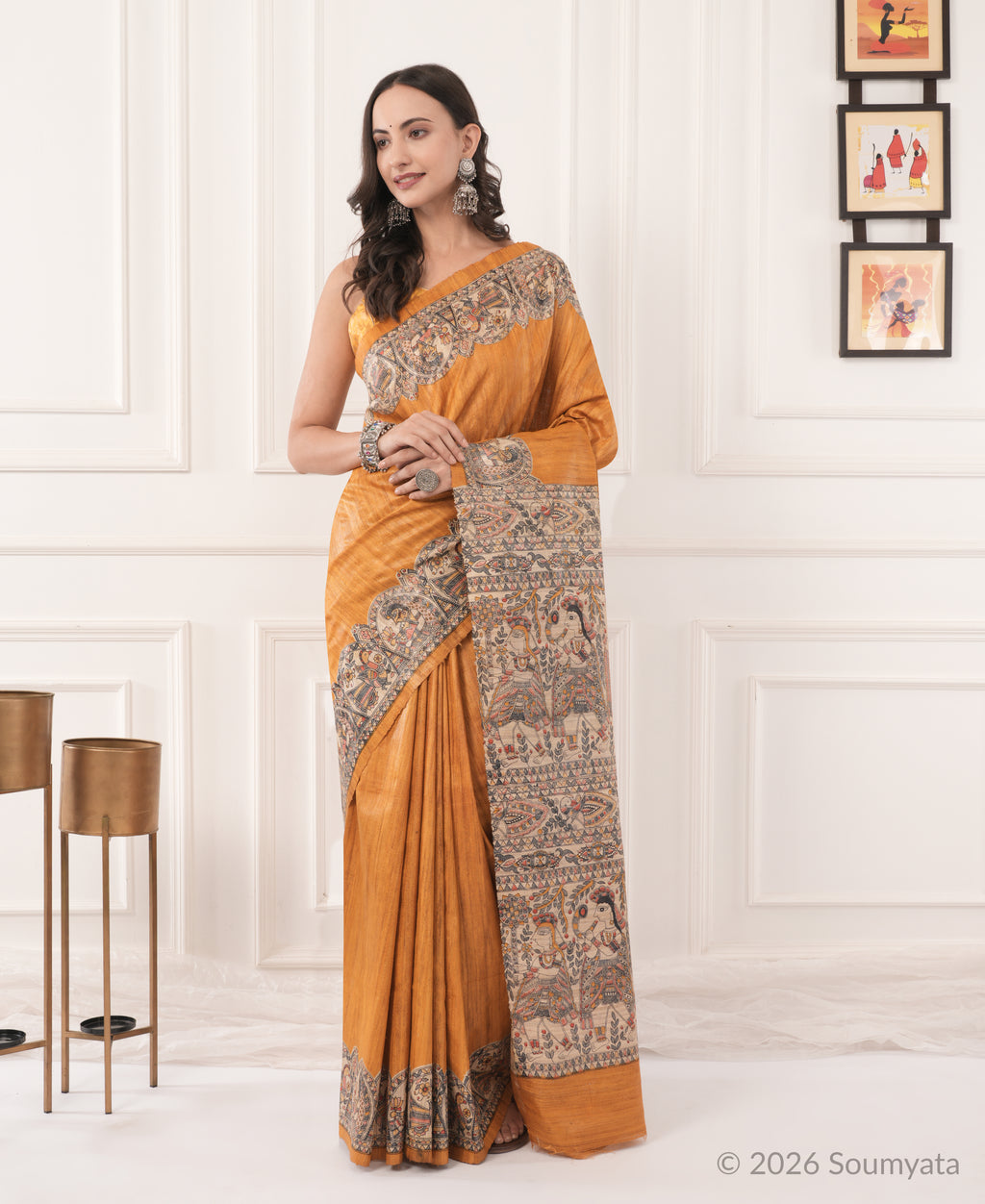 Burnt Orange Madhubani Print Tussar Silk Saree – Bhagalpuri Handloom