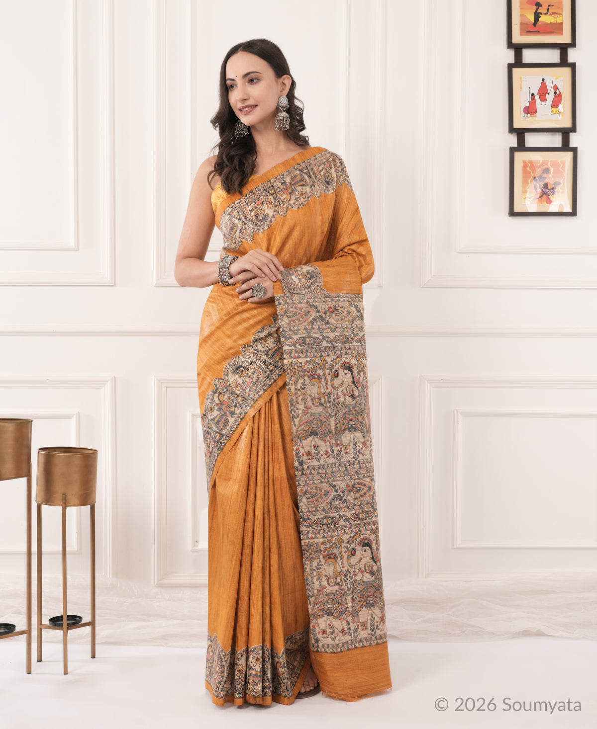 Burnt Orange Madhubani Print Tussar Silk Saree – Bhagalpuri Handloom