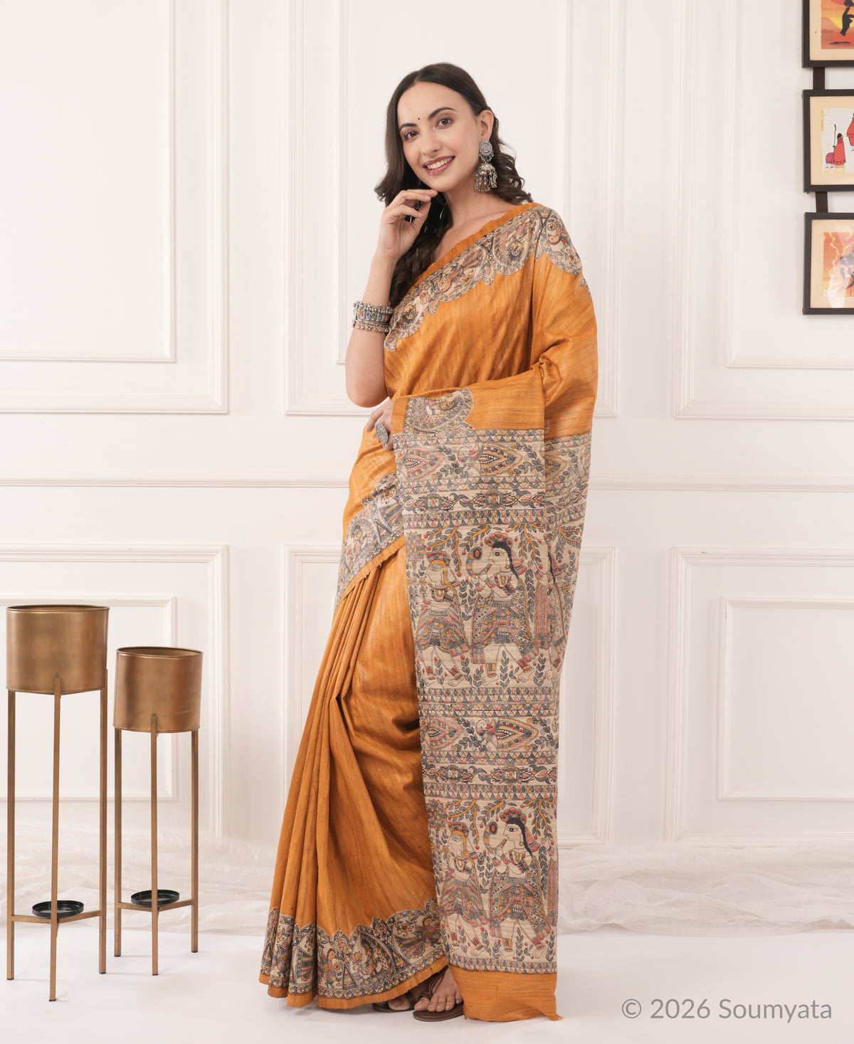 Burnt Orange Madhubani Print Tussar Silk Saree – Bhagalpuri Handloom