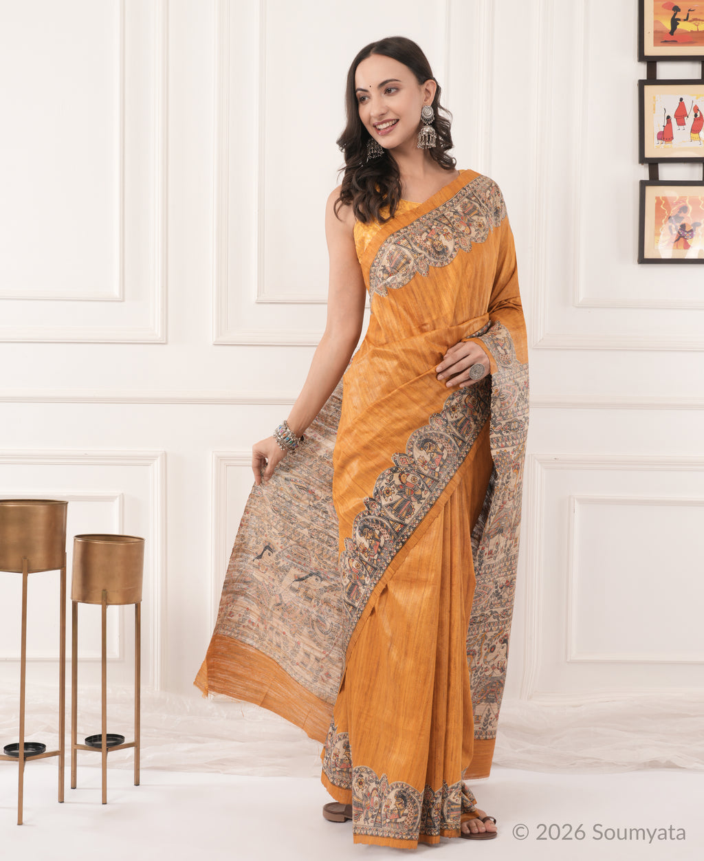 Burnt Orange Madhubani Print Tussar Silk Saree – Bhagalpuri Handloom