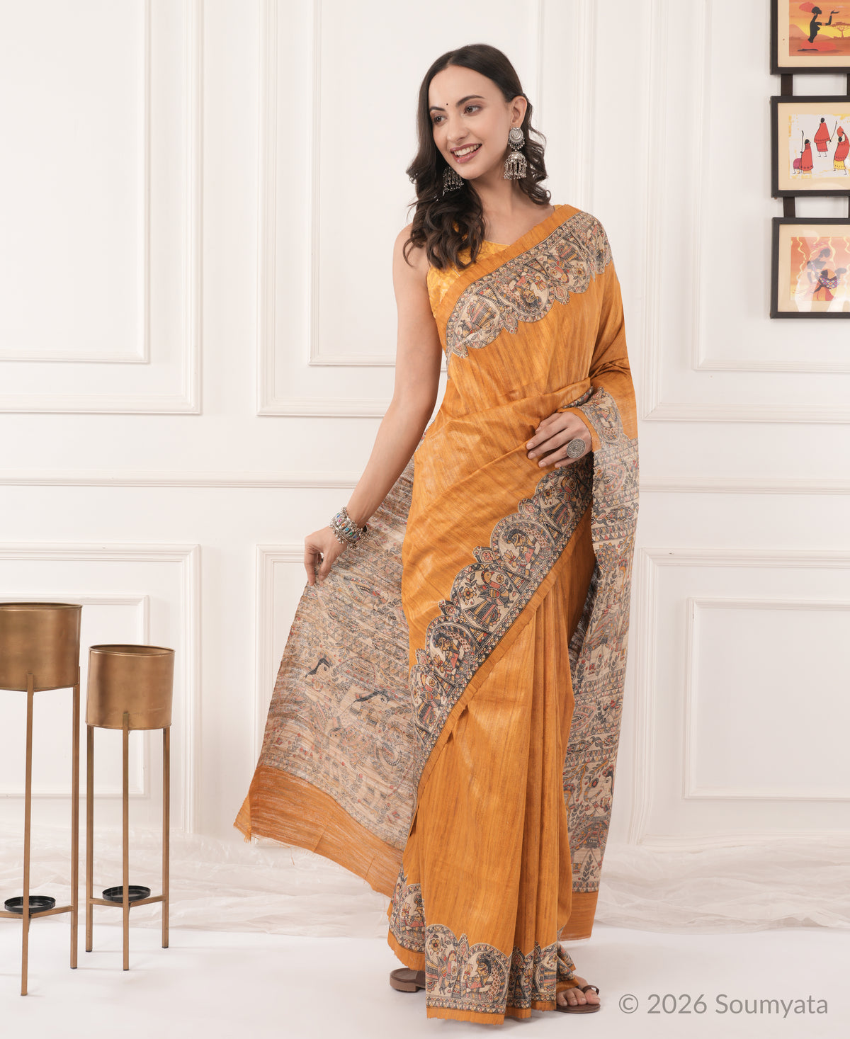 Burnt Orange Madhubani Print Tussar Silk Saree – Bhagalpuri Handloom