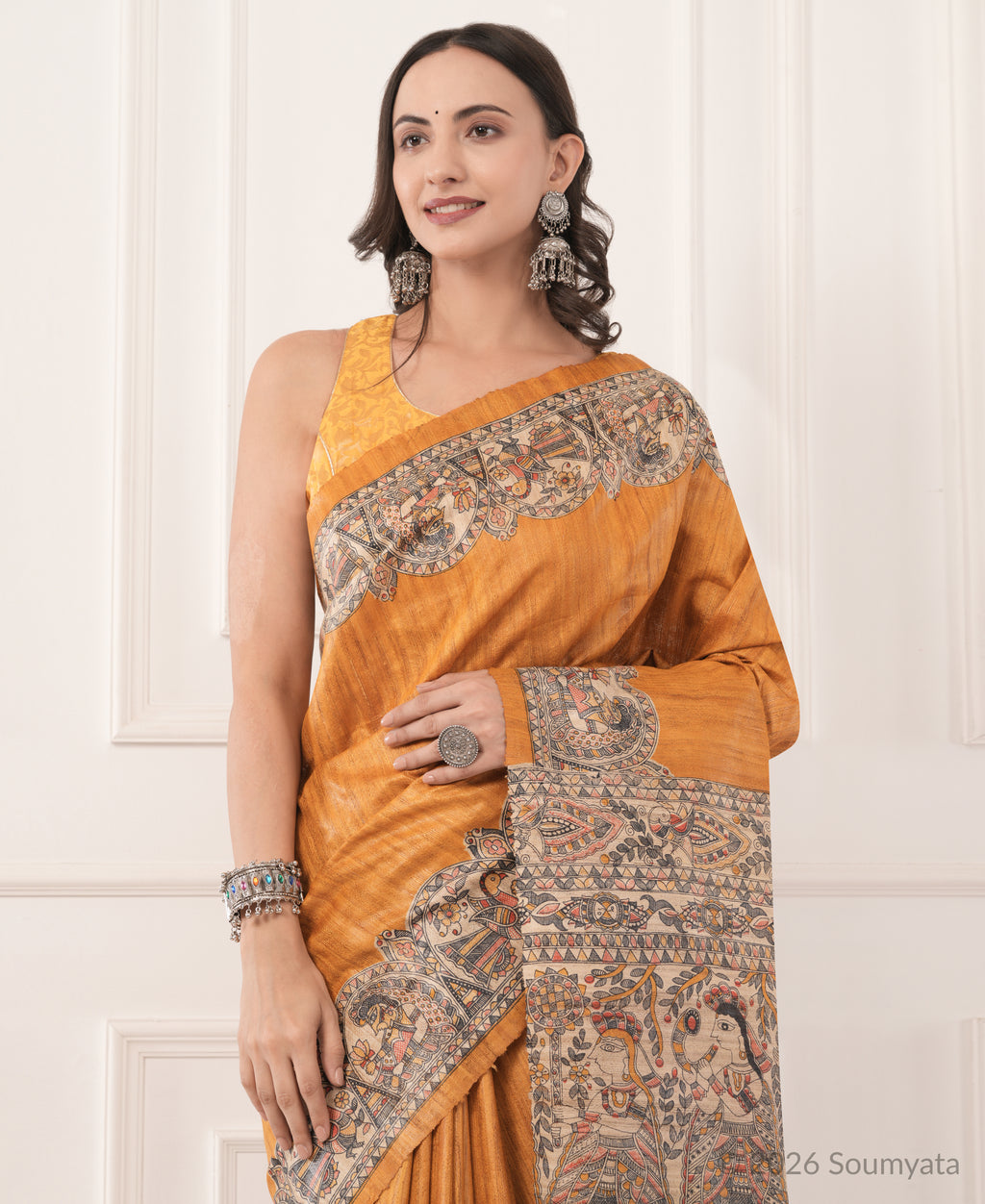 Burnt Orange Madhubani Print Tussar Silk Saree – Bhagalpuri Handloom