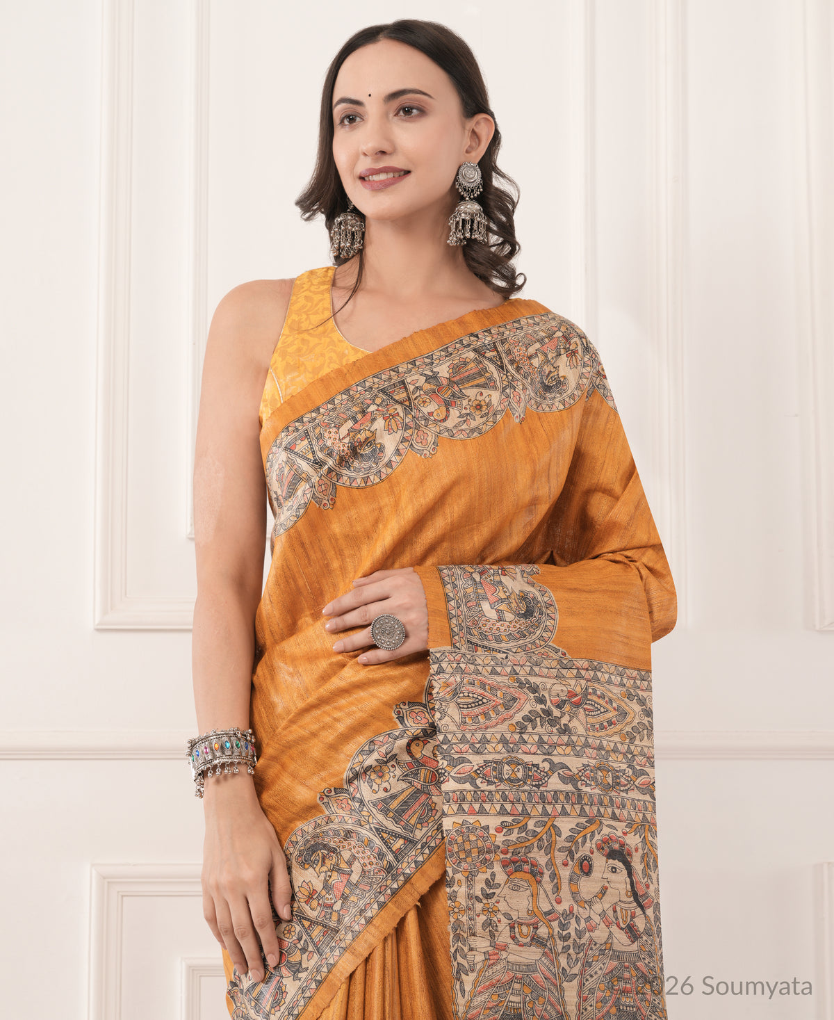 Burnt Orange Madhubani Print Tussar Silk Saree – Bhagalpuri Handloom