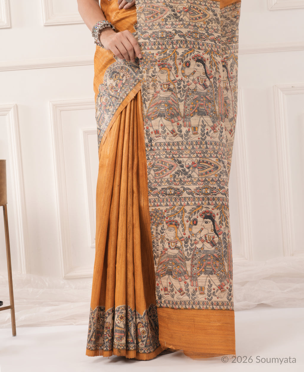 Burnt Orange Madhubani Print Tussar Silk Saree – Bhagalpuri Handloom
