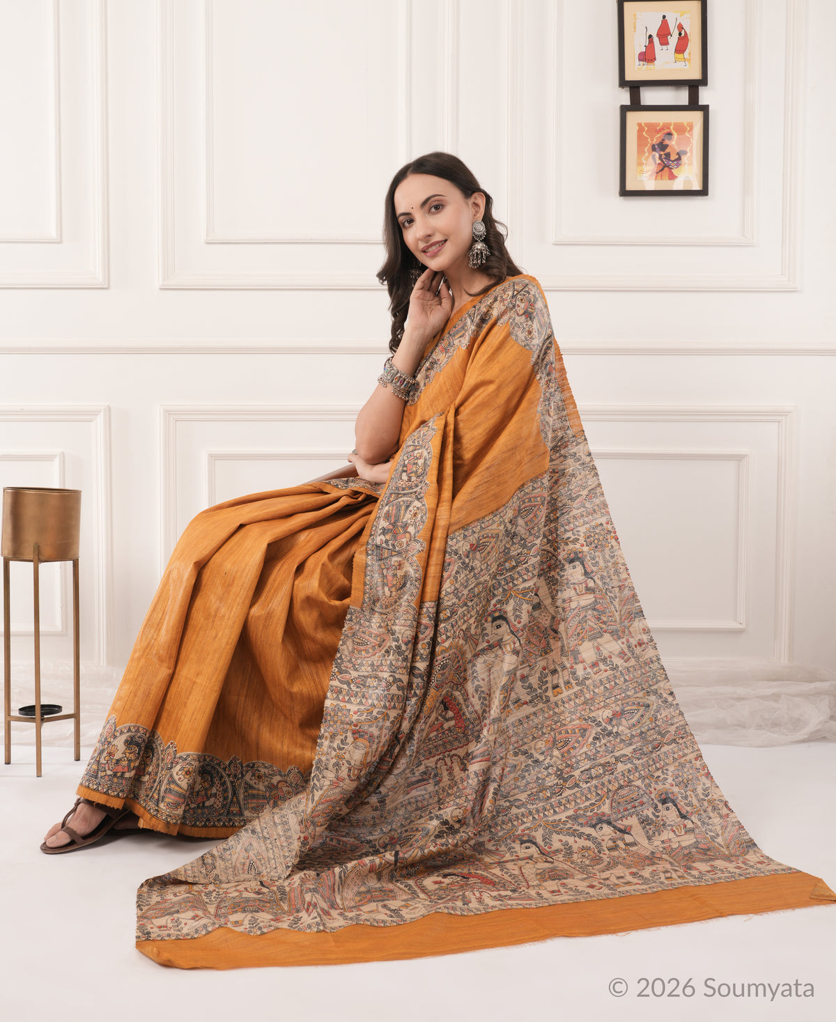 Burnt Orange Madhubani Print Tussar Silk Saree – Bhagalpuri Handloom