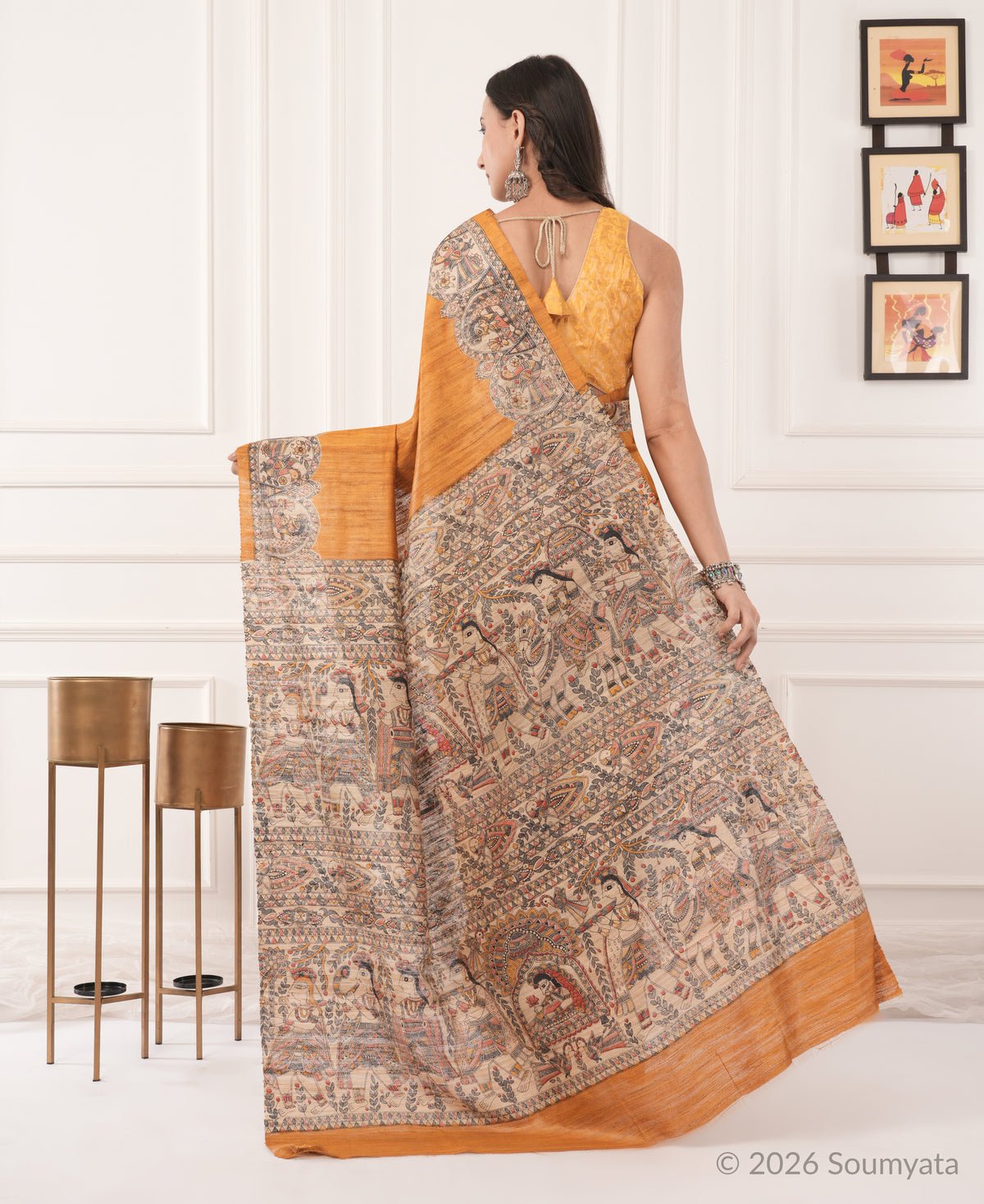 Burnt Orange Madhubani Print Tussar Silk Saree – Bhagalpuri Handloom