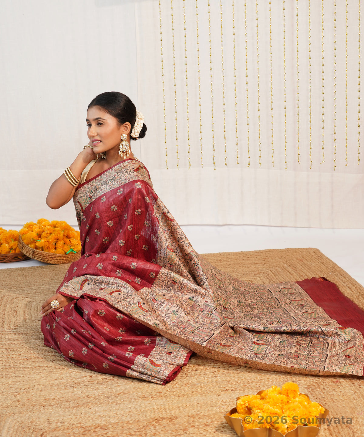 Maroon Madhubani Print Tussar Ghicha Silk Saree – Bhagalpuri Handloom