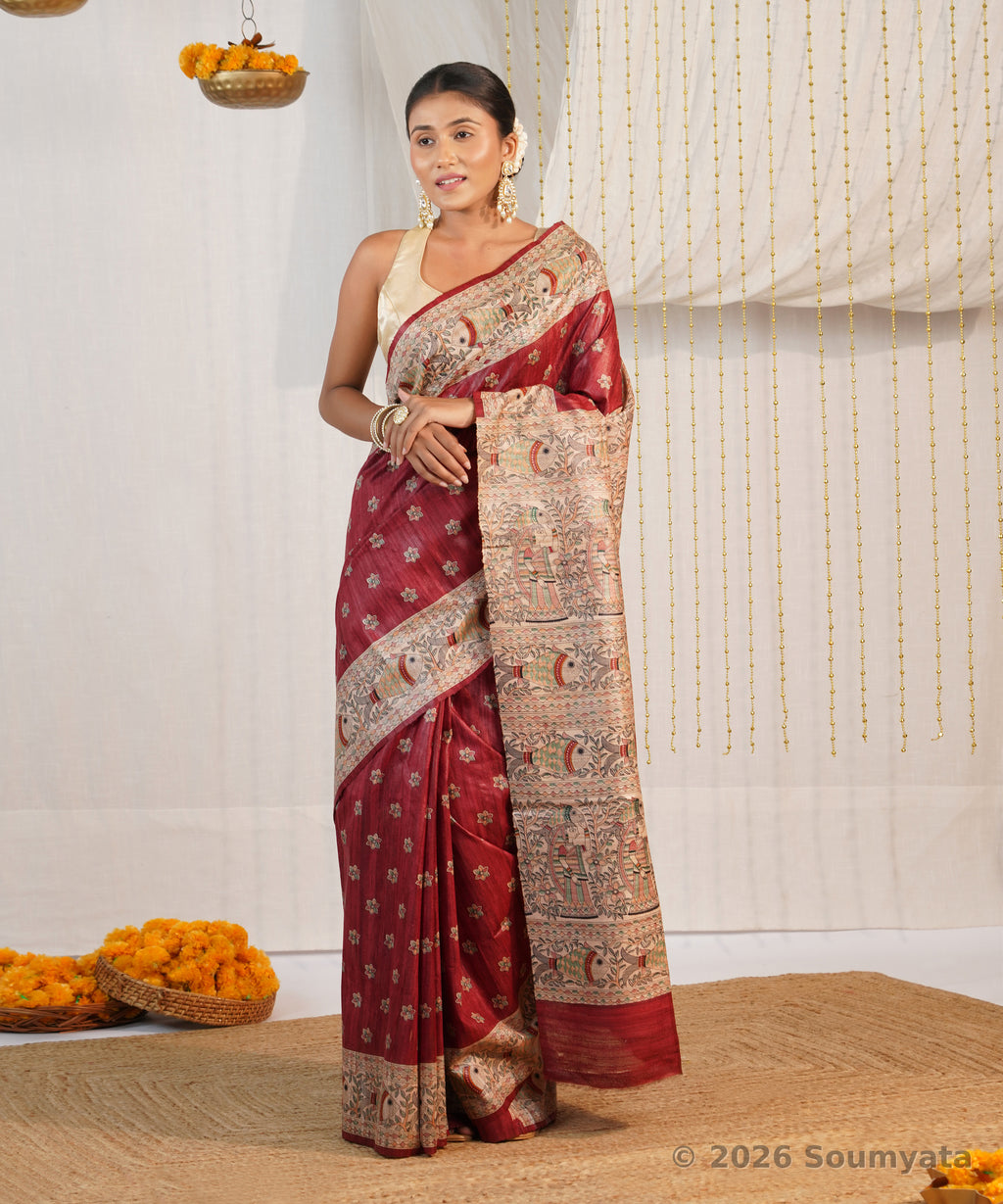 Maroon Madhubani Print Tussar Ghicha Silk Saree – Bhagalpuri Handloom
