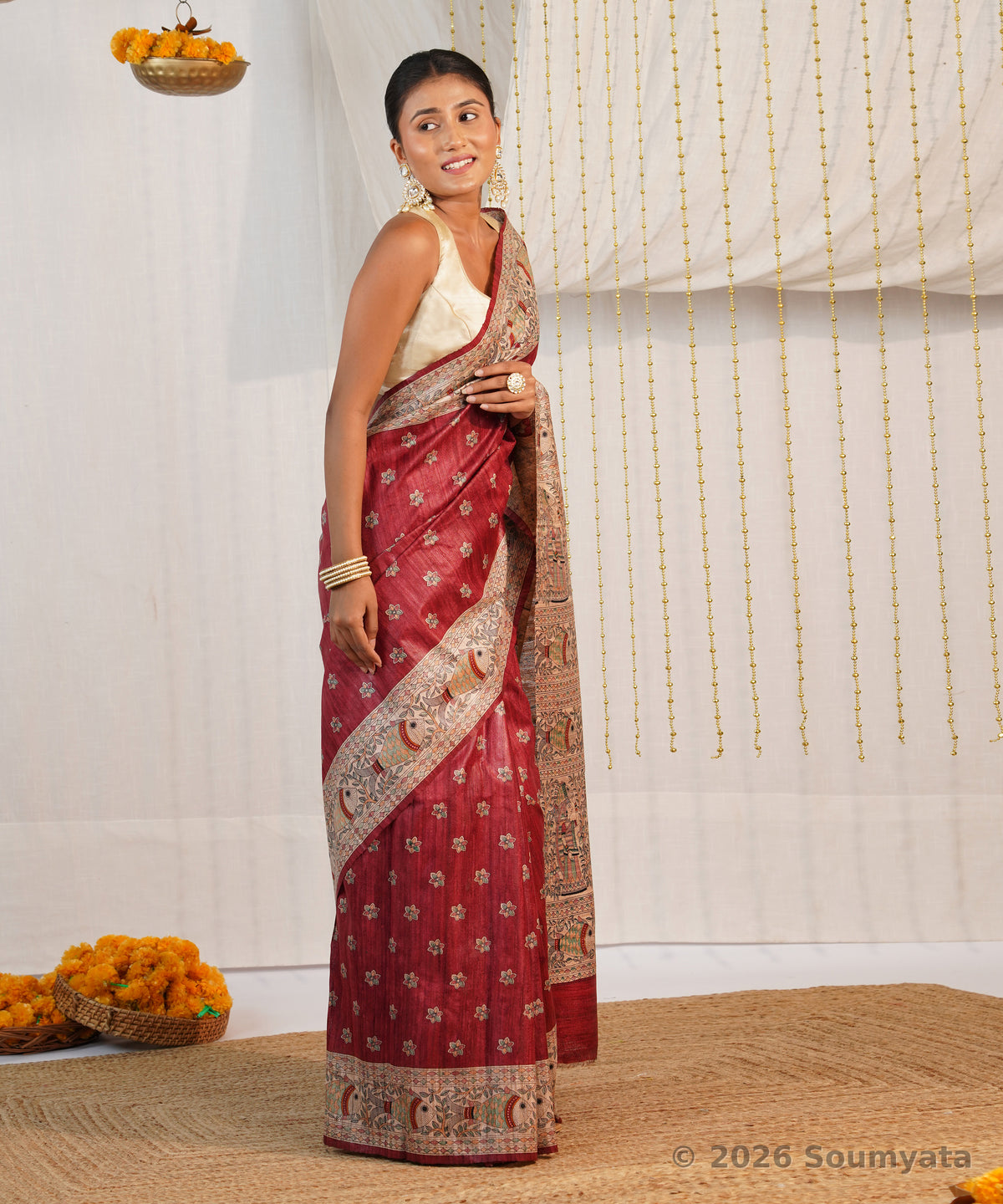 Maroon Madhubani Print Tussar Ghicha Silk Saree – Bhagalpuri Handloom