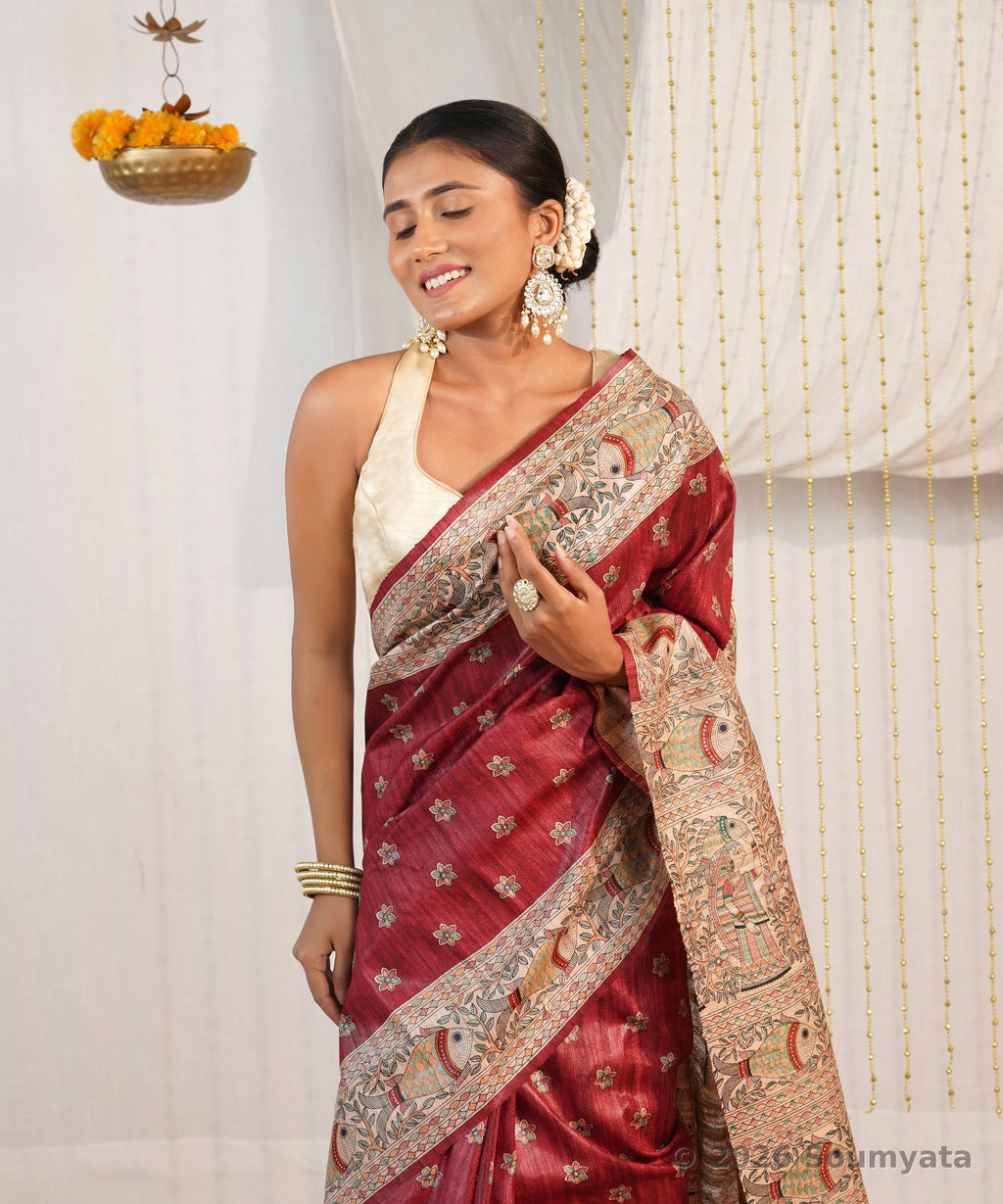 Maroon Madhubani Print Tussar Ghicha Silk Saree – Bhagalpuri Handloom