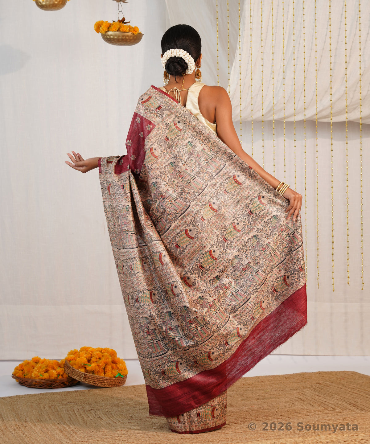 Maroon Madhubani Print Tussar Ghicha Silk Saree – Bhagalpuri Handloom