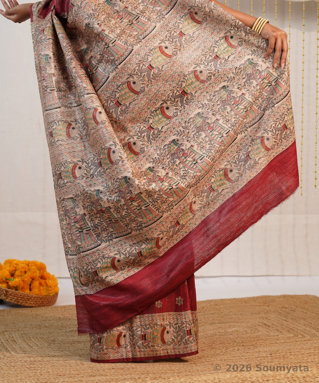 Maroon Madhubani Print Tussar Ghicha Silk Saree – Bhagalpuri Handloom