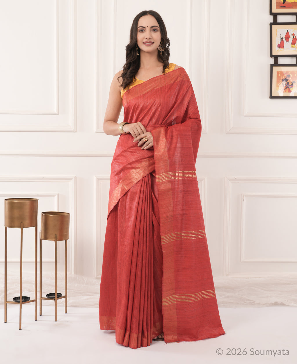 Brick Red Tussar Ghicha Silk Saree with Gold Zari Border – Bhagalpuri