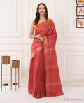 Brick Red Tussar Ghicha Silk Saree with Gold Zari Border – Bhagalpuri