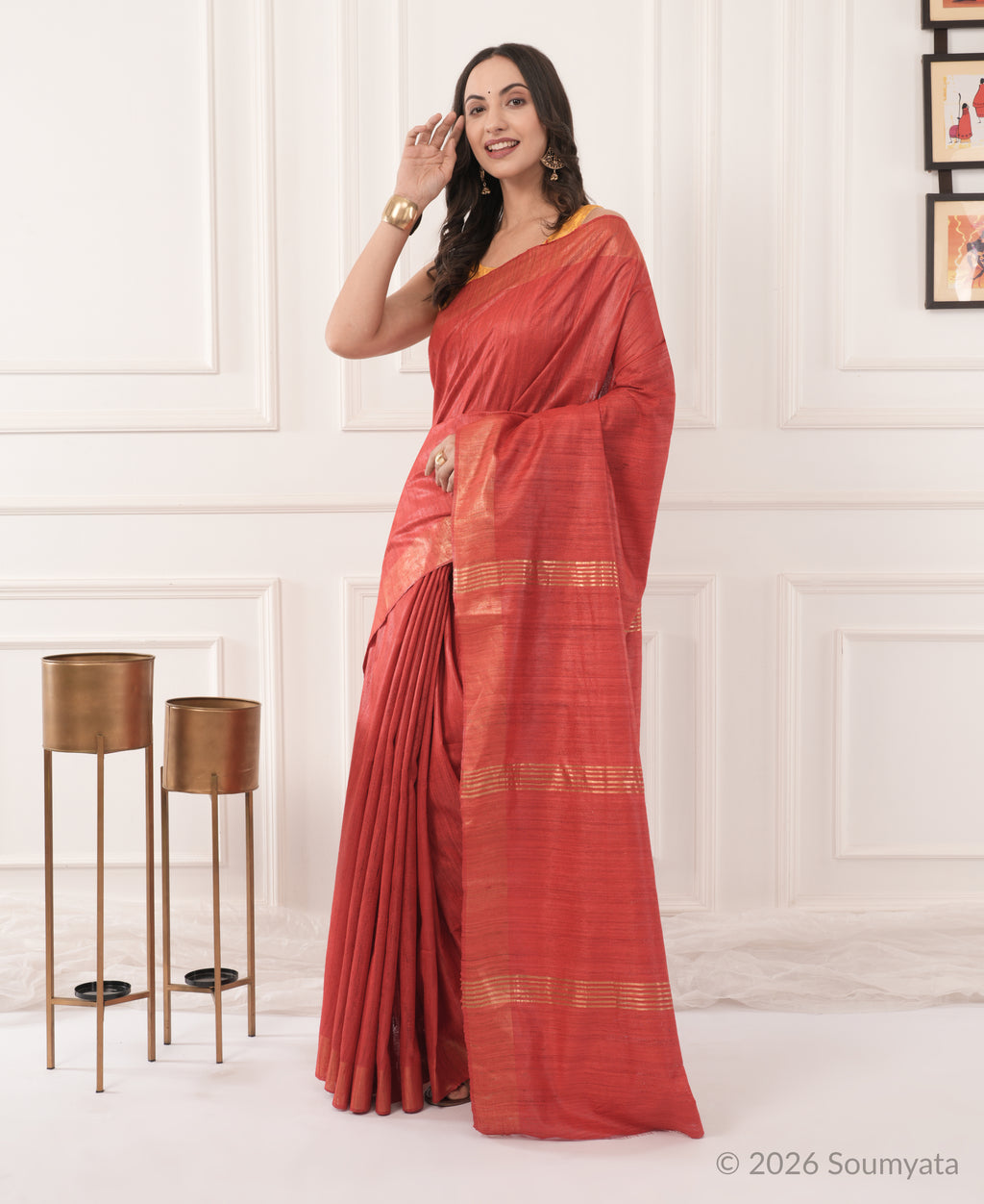 Brick Red Tussar Ghicha Silk Saree with Gold Zari Border – Bhagalpuri