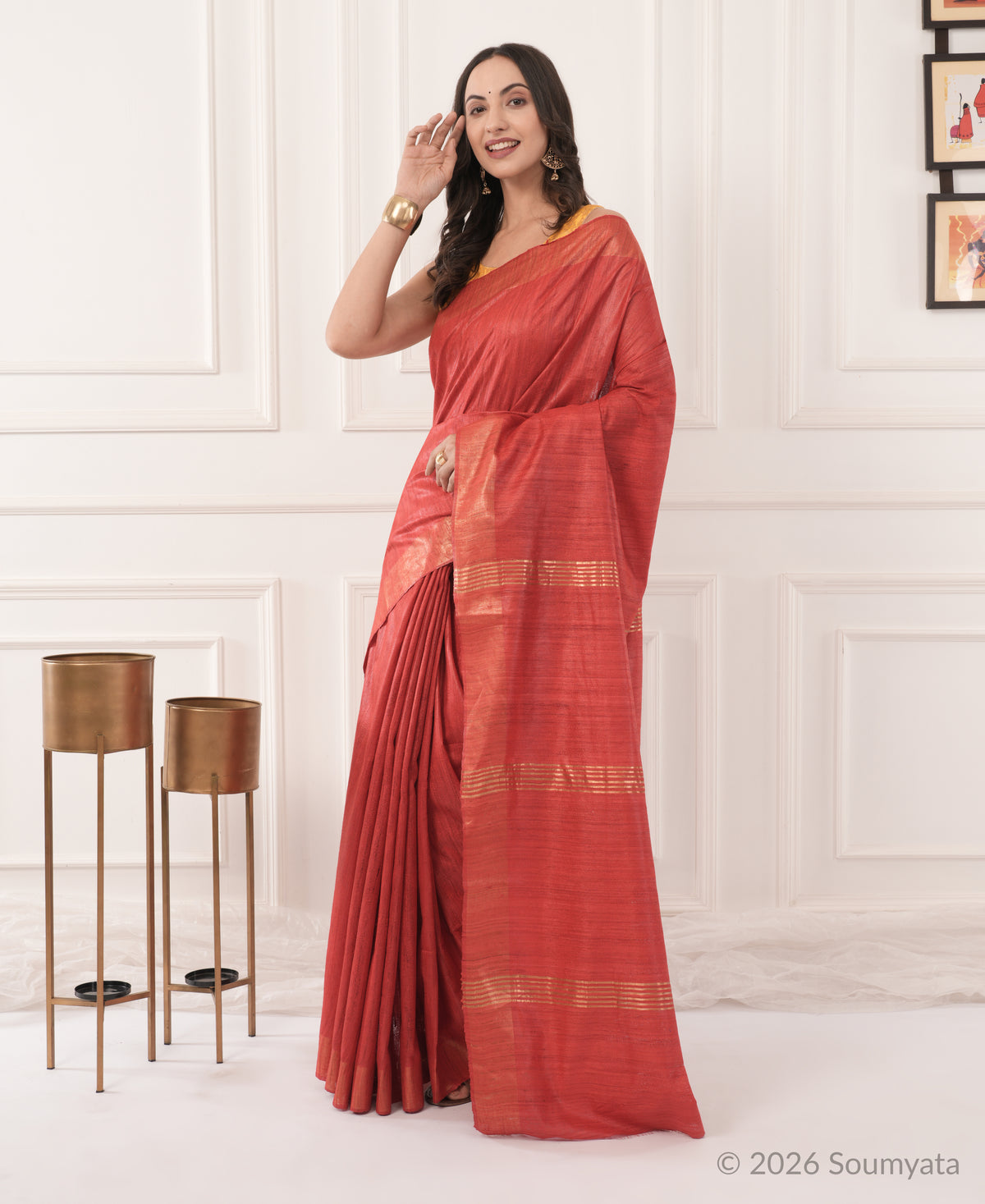 Brick Red Tussar Ghicha Silk Saree with Gold Zari Border – Bhagalpuri