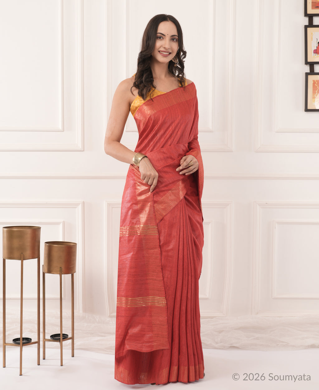 Brick Red Tussar Ghicha Silk Saree with Gold Zari Border – Bhagalpuri