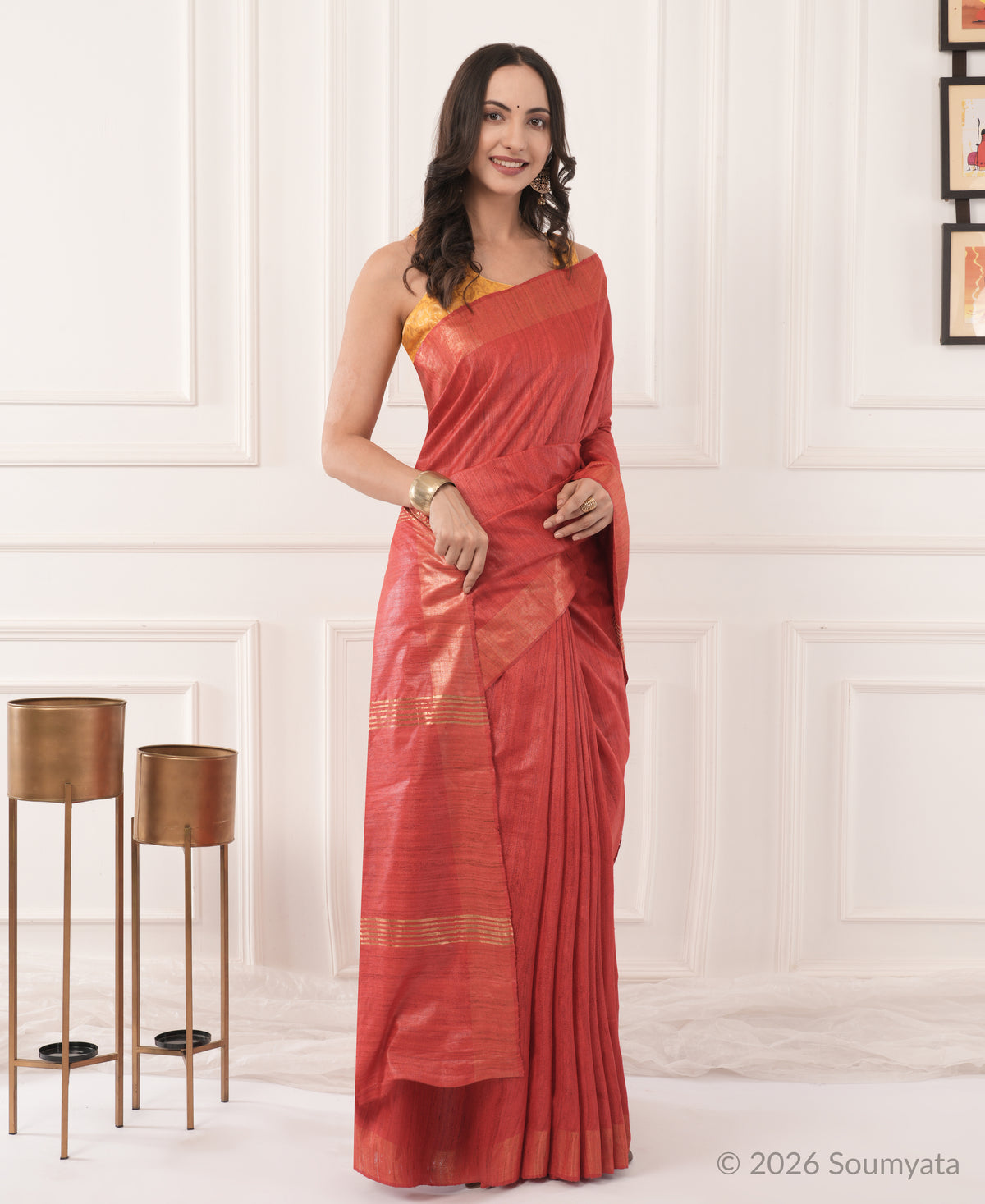 Brick Red Tussar Ghicha Silk Saree with Gold Zari Border – Bhagalpuri