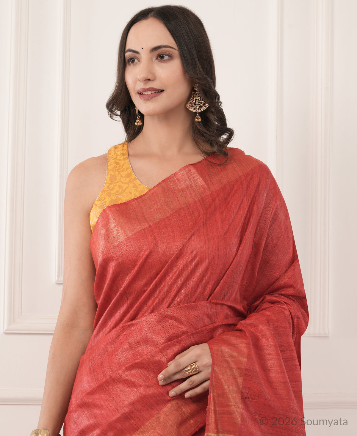Brick Red Tussar Ghicha Silk Saree with Gold Zari Border – Bhagalpuri