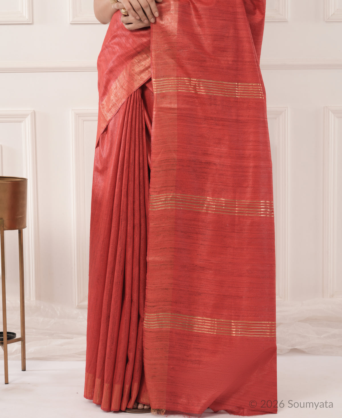 Brick Red Tussar Ghicha Silk Saree with Gold Zari Border – Bhagalpuri