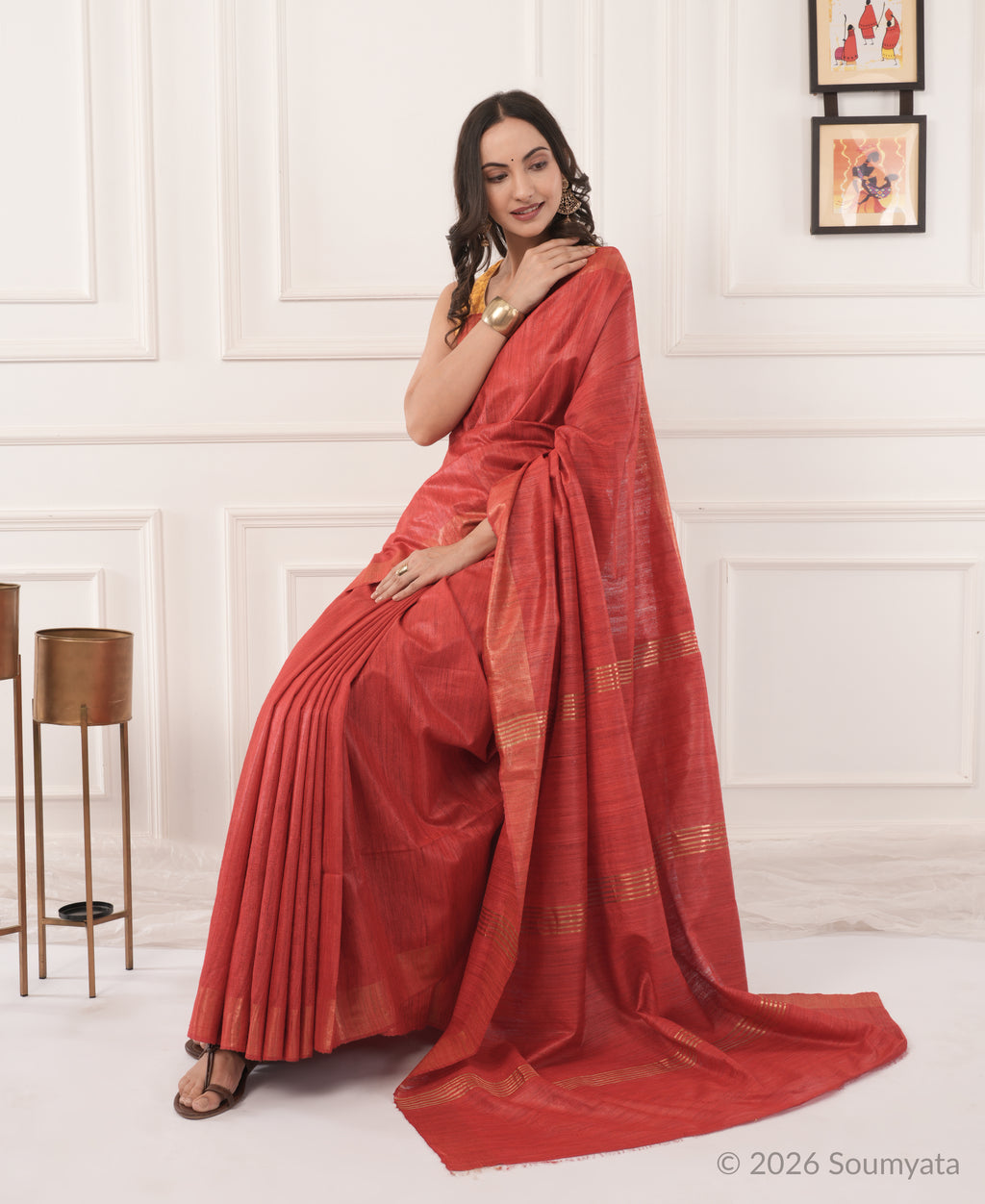 Brick Red Tussar Ghicha Silk Saree with Gold Zari Border – Bhagalpuri