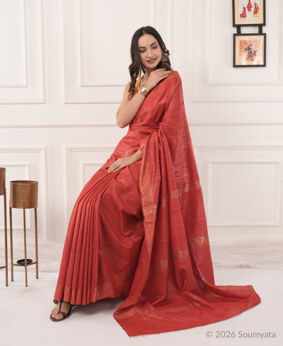 Brick Red Tussar Ghicha Silk Saree with Gold Zari Border – Bhagalpuri