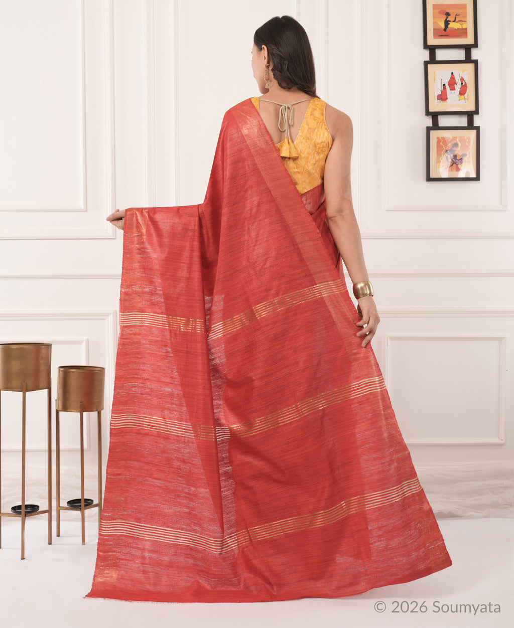 Brick Red Tussar Ghicha Silk Saree with Gold Zari Border – Bhagalpuri
