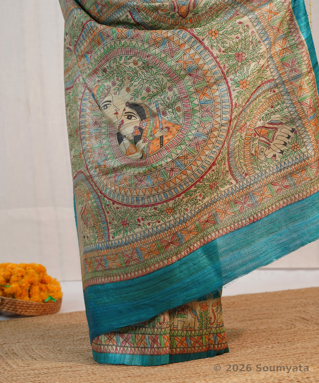 Turquoise Hand Painted Madhubani Tussar Ghicha Silk Saree – Bhagalpuri