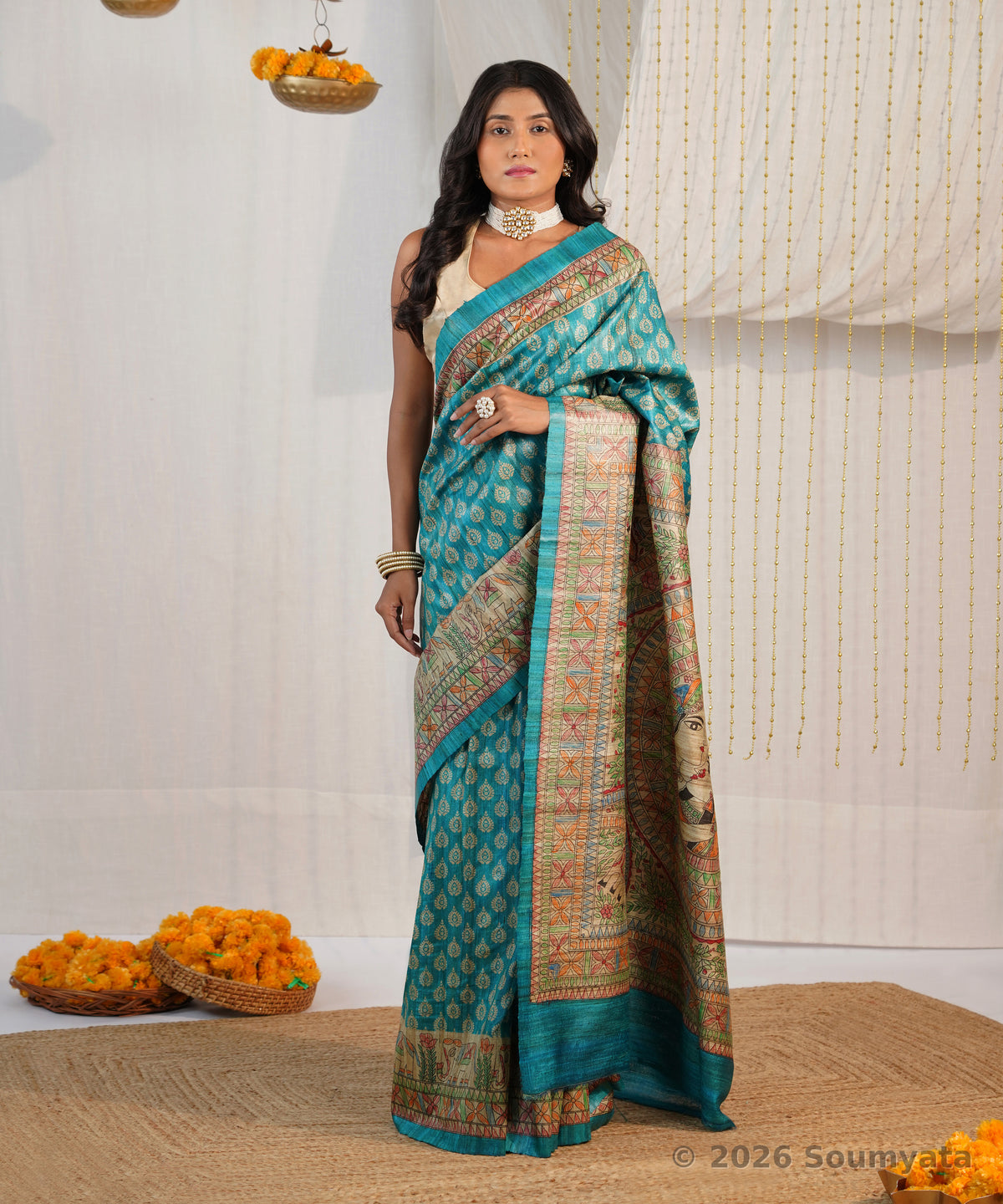Turquoise Hand Painted Madhubani Tussar Ghicha Silk Saree – Bhagalpuri