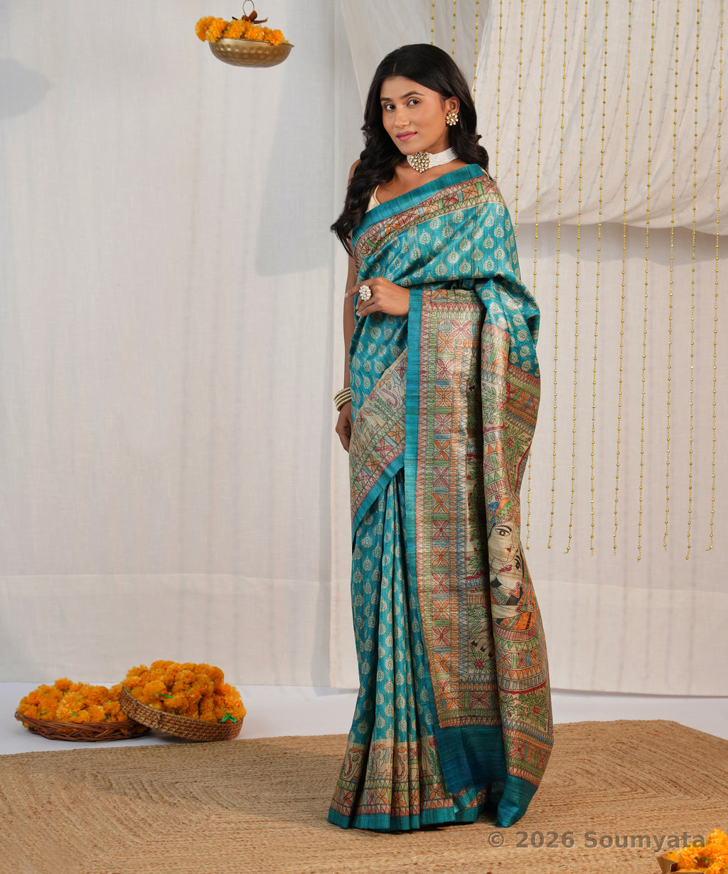 Turquoise Hand Painted Madhubani Tussar Ghicha Silk Saree – Bhagalpuri