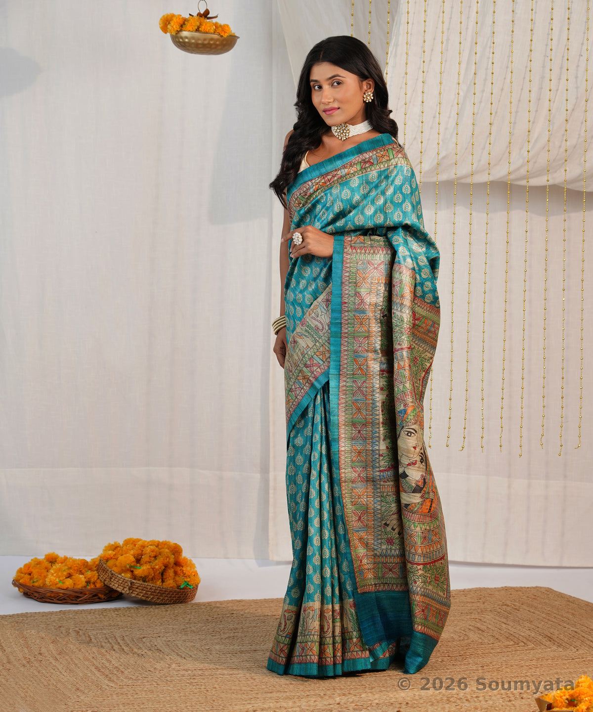Turquoise Hand Painted Madhubani Tussar Ghicha Silk Saree – Bhagalpuri