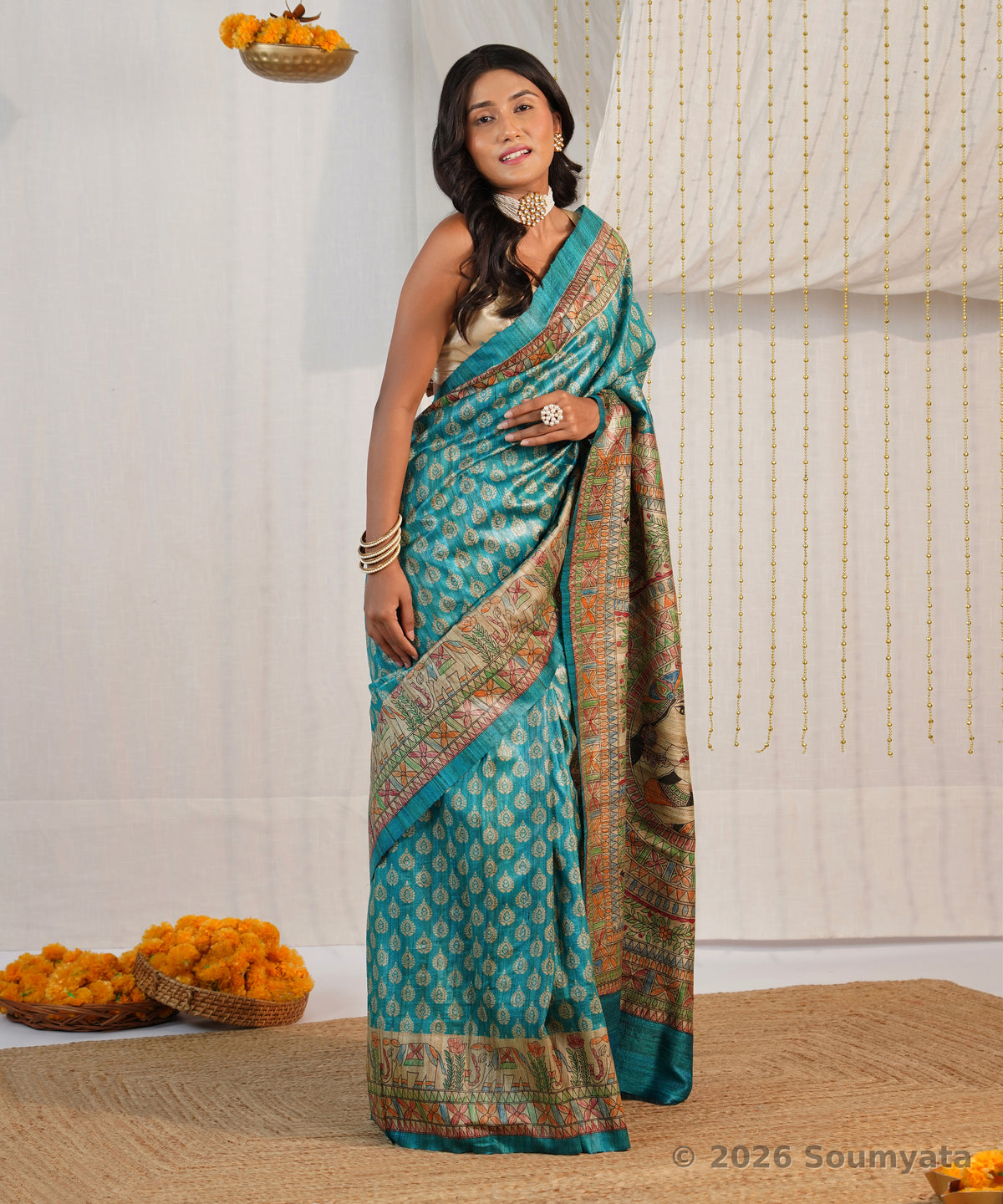 Turquoise Hand Painted Madhubani Tussar Ghicha Silk Saree – Bhagalpuri