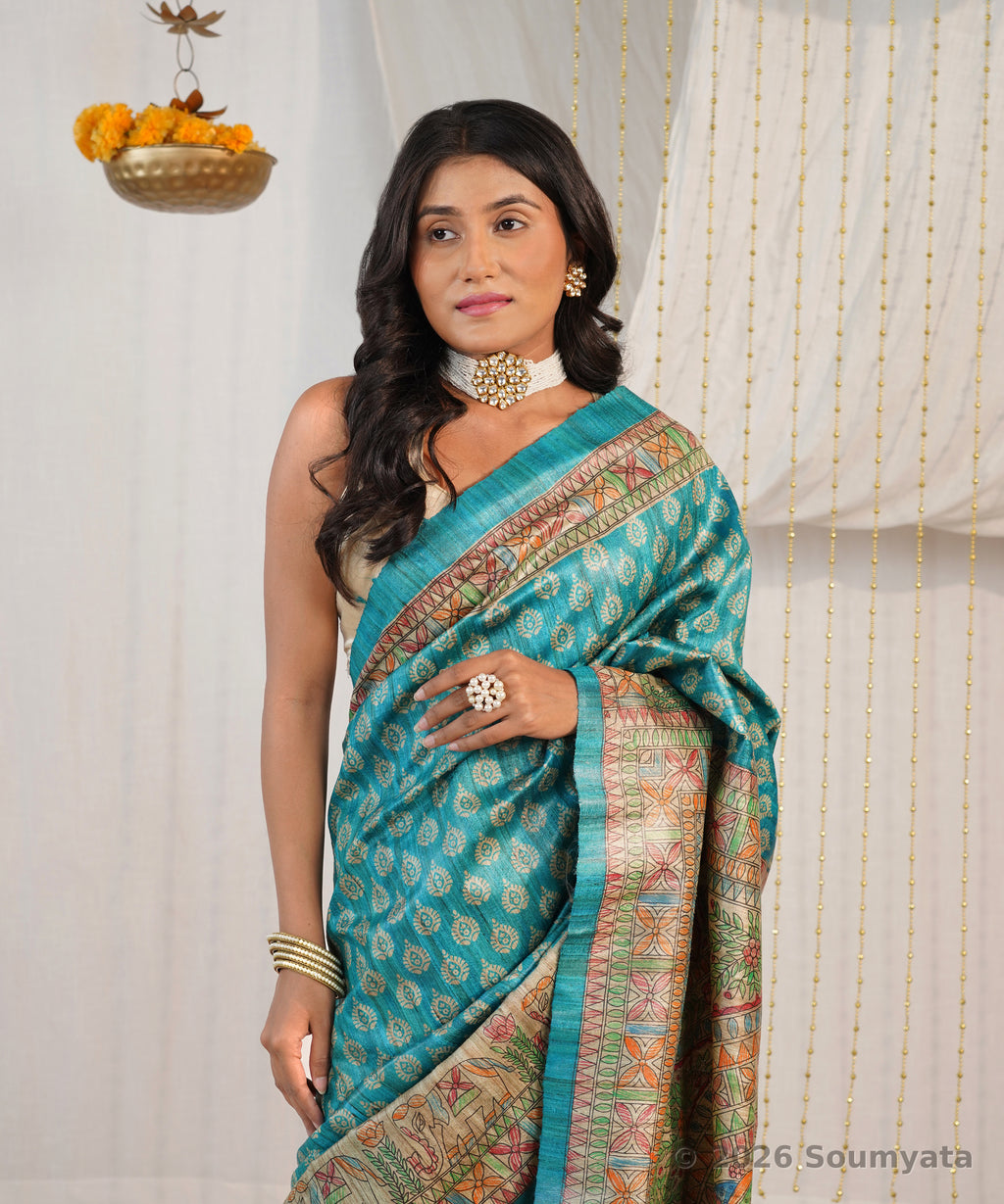 Turquoise Hand Painted Madhubani Tussar Ghicha Silk Saree – Bhagalpuri