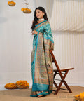 Turquoise Hand Painted Madhubani Tussar Ghicha Silk Saree – Bhagalpuri