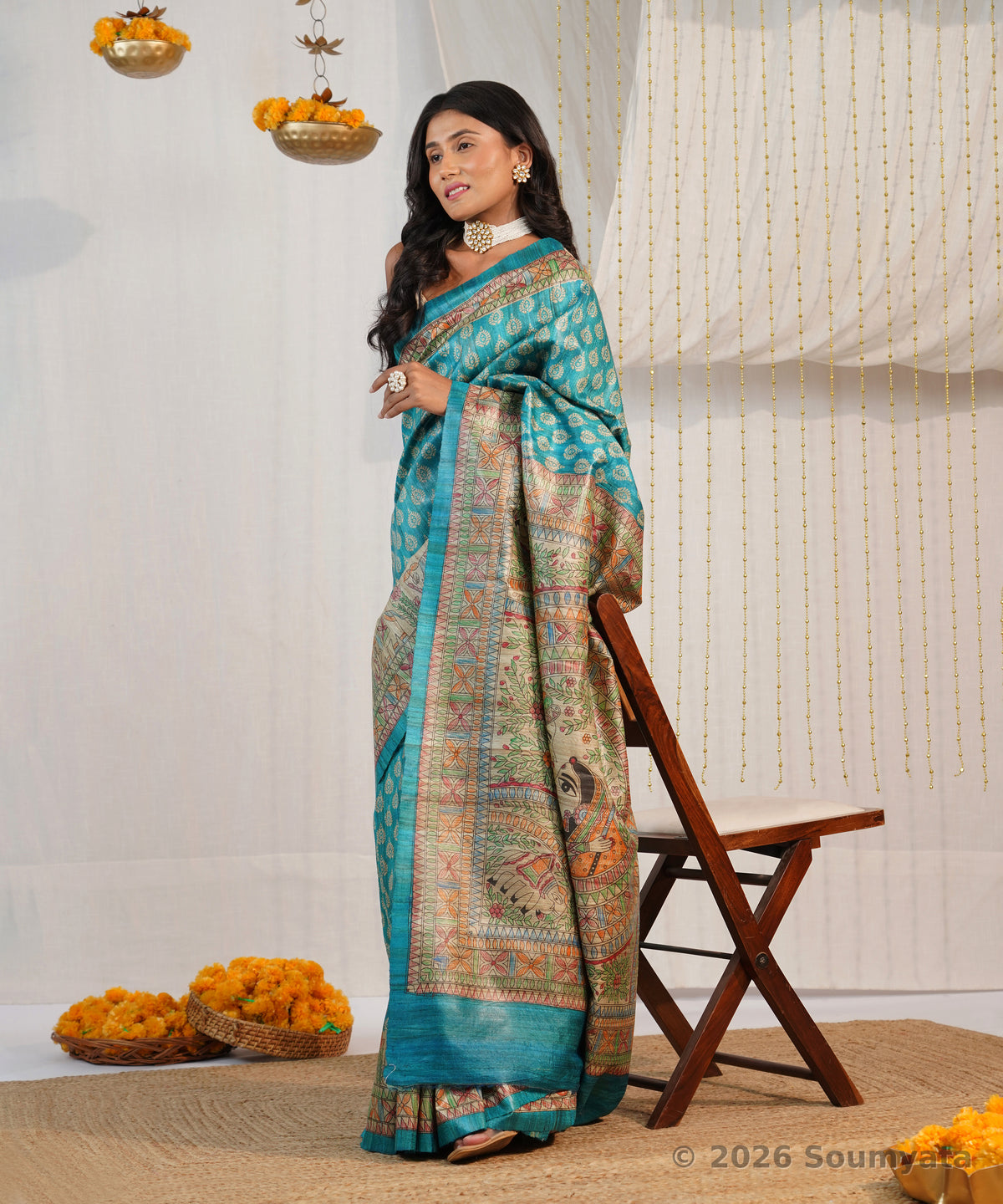 Turquoise Hand Painted Madhubani Tussar Ghicha Silk Saree – Bhagalpuri