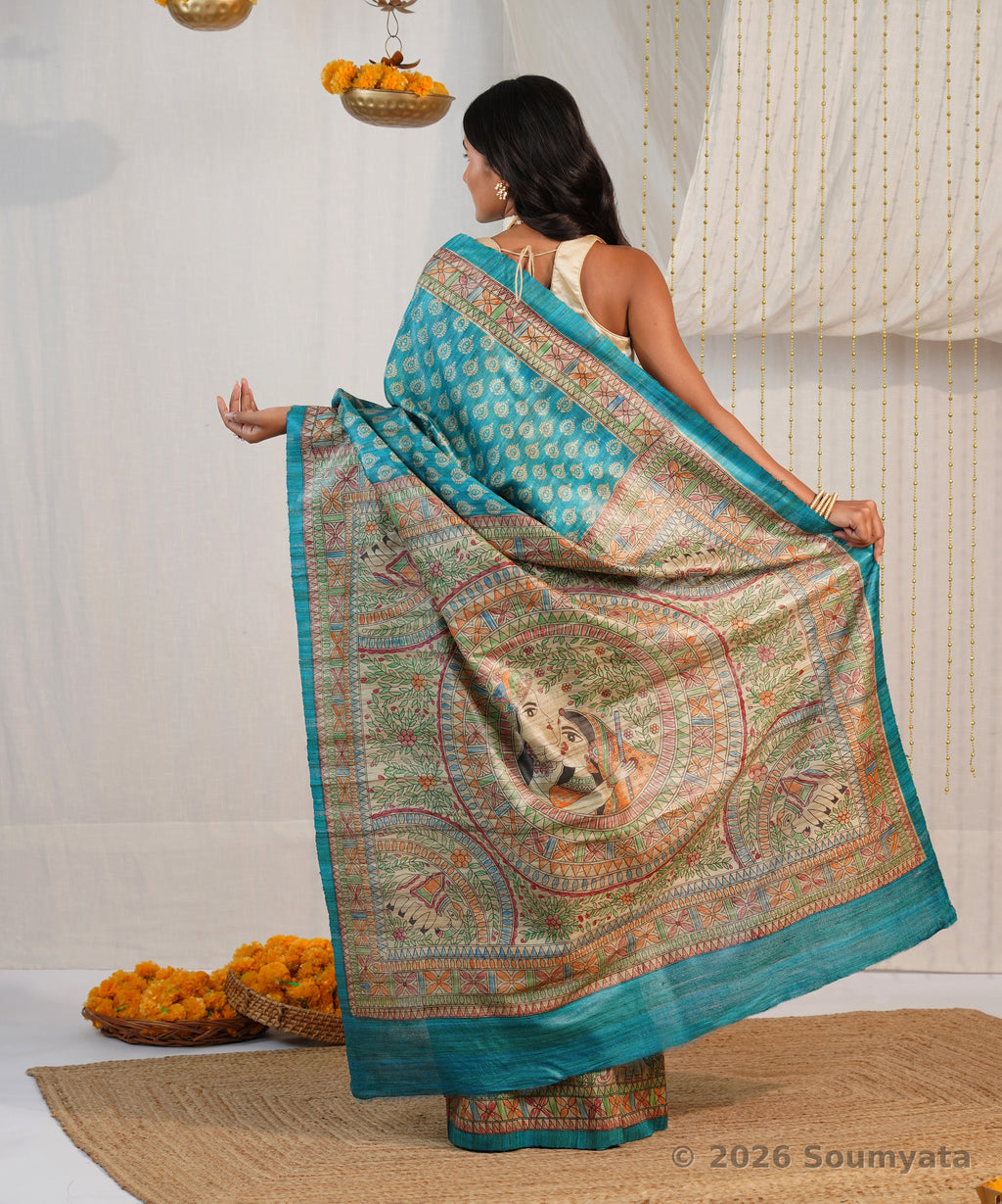 Turquoise Hand Painted Madhubani Tussar Ghicha Silk Saree – Bhagalpuri