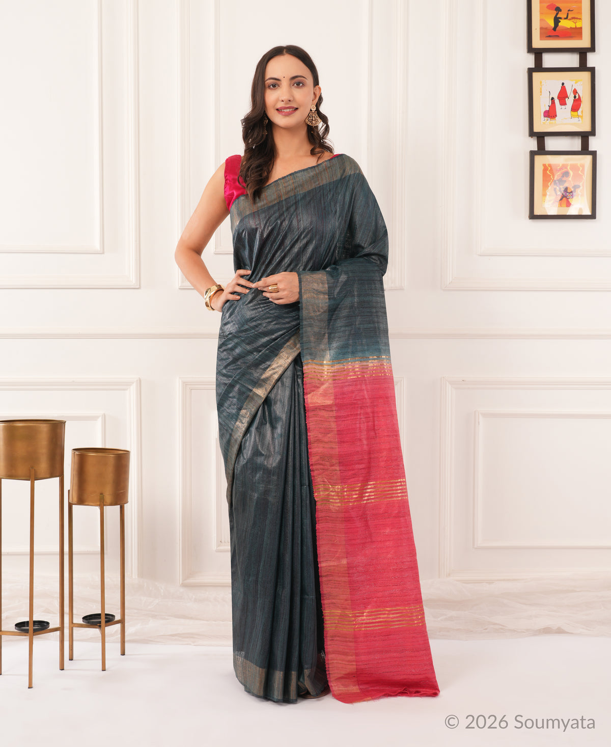 Charcoal Grey Tussar Ghicha Silk Saree with Pink Zari Pallu – Bhagalpuri
