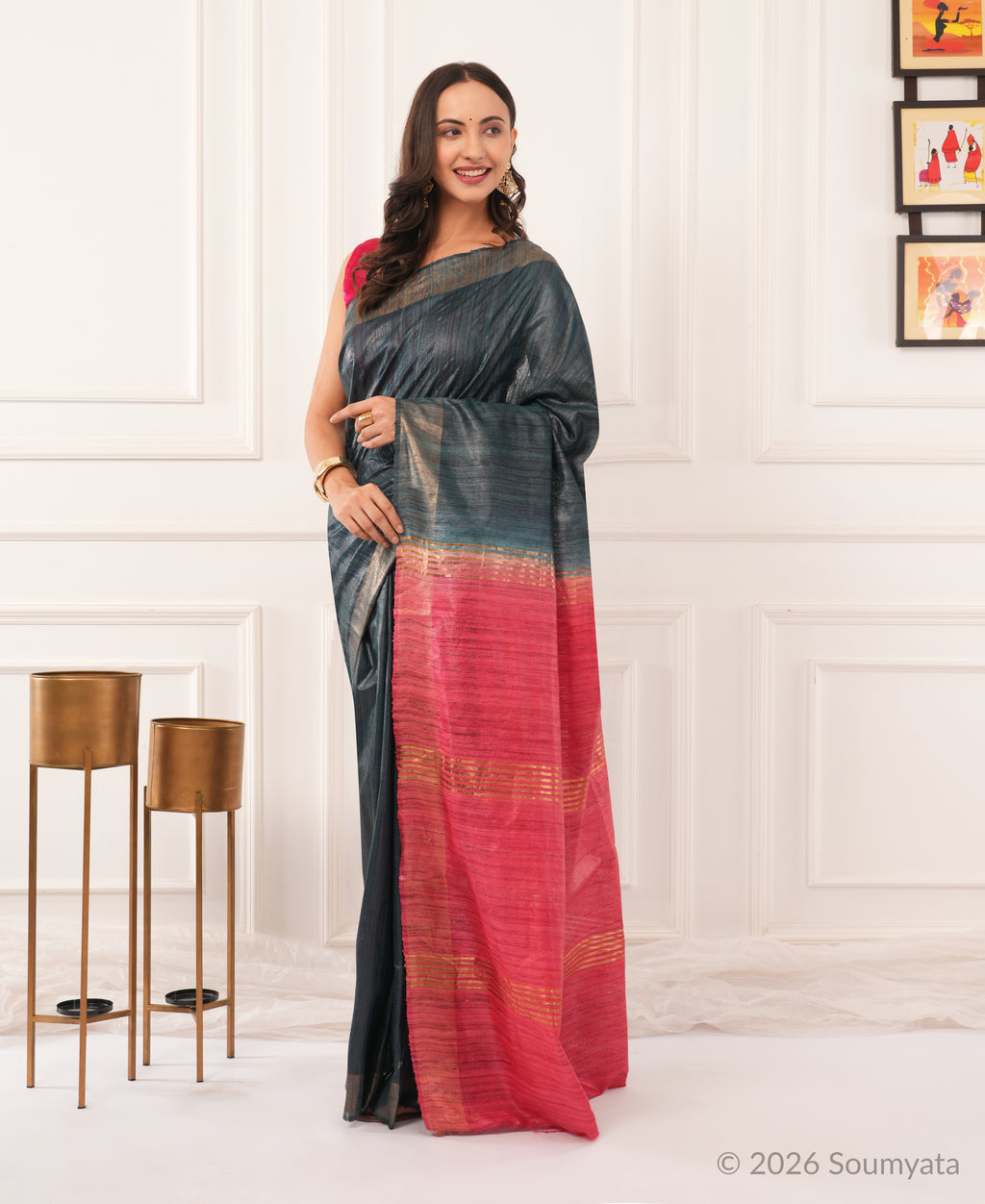 Charcoal Grey Tussar Ghicha Silk Saree with Pink Zari Pallu – Bhagalpuri