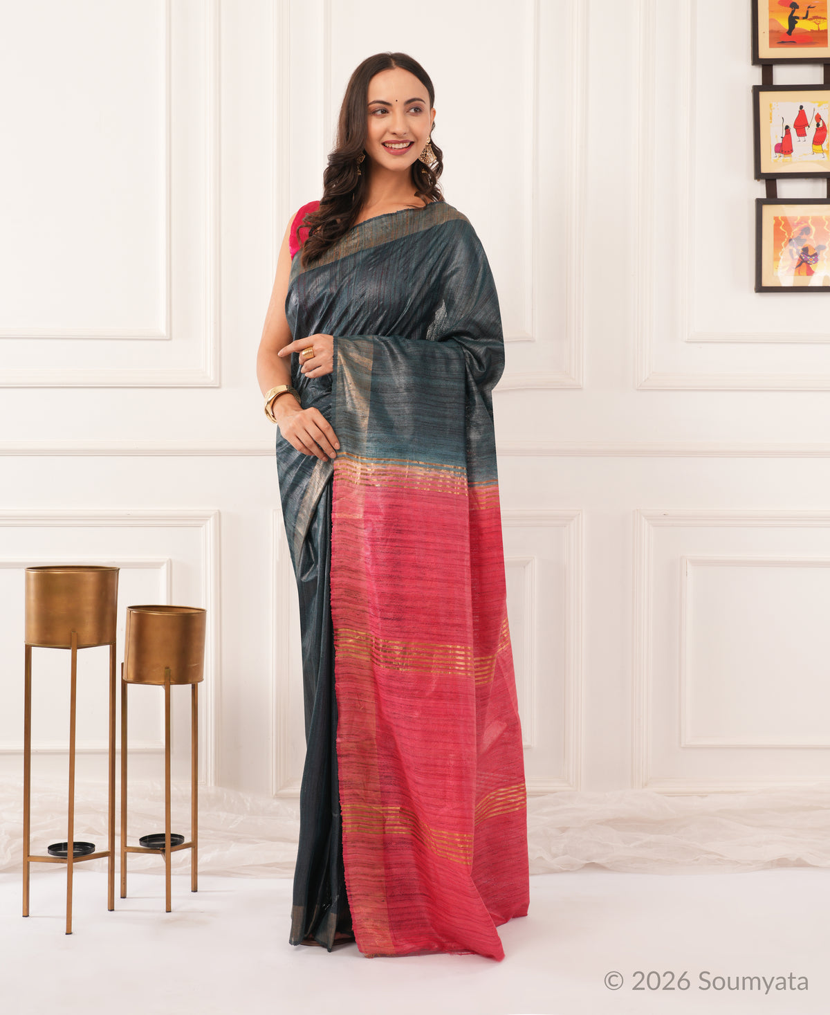 Charcoal Grey Tussar Ghicha Silk Saree with Pink Zari Pallu – Bhagalpuri