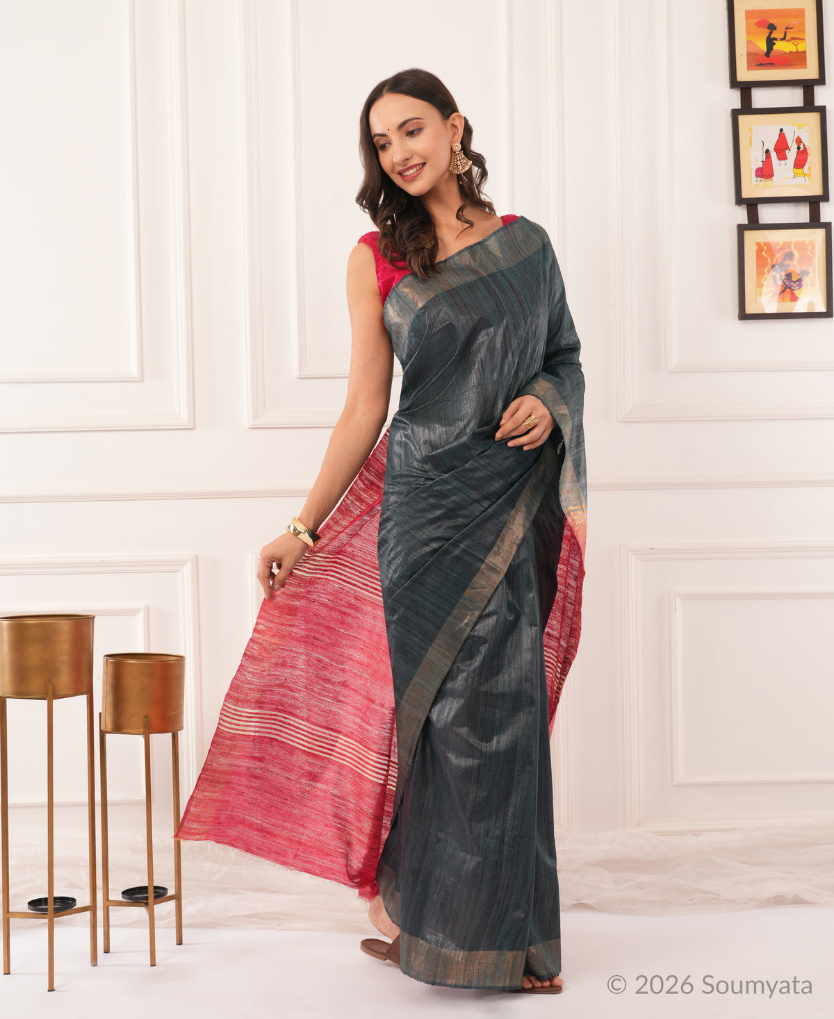 Charcoal Grey Tussar Ghicha Silk Saree with Pink Zari Pallu – Bhagalpuri