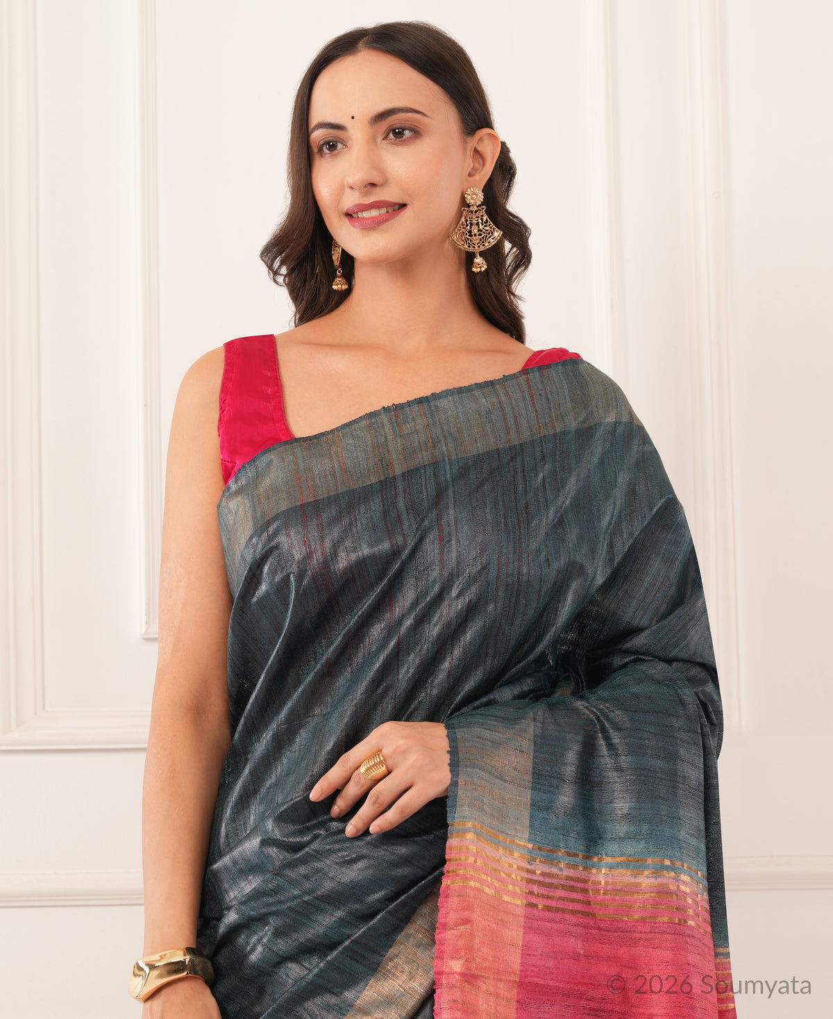 Charcoal Grey Tussar Ghicha Silk Saree with Pink Zari Pallu – Bhagalpuri