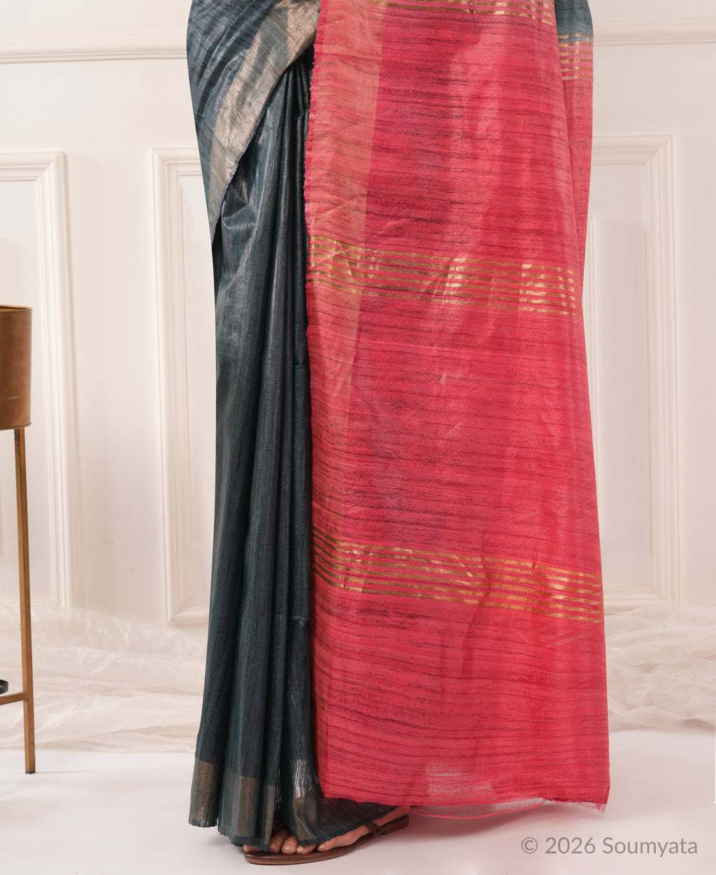 Charcoal Grey Tussar Ghicha Silk Saree with Pink Zari Pallu – Bhagalpuri