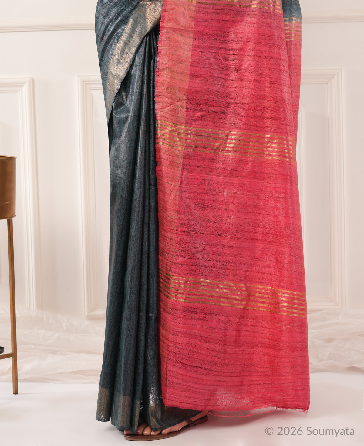Charcoal Grey Tussar Ghicha Silk Saree with Pink Zari Pallu – Bhagalpuri