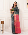 Charcoal Grey Tussar Ghicha Silk Saree with Pink Zari Pallu – Bhagalpuri