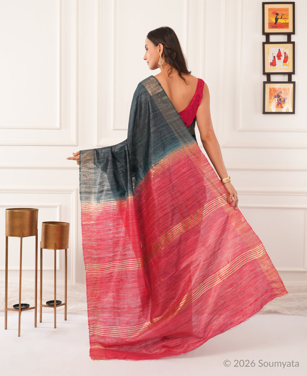 Charcoal Grey Tussar Ghicha Silk Saree with Pink Zari Pallu – Bhagalpuri